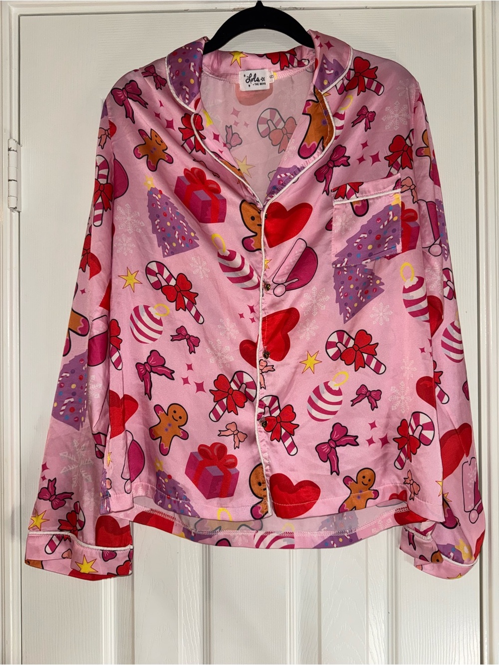 Lola + The Boys Pink Holiday Print Satin Pajama Shirt